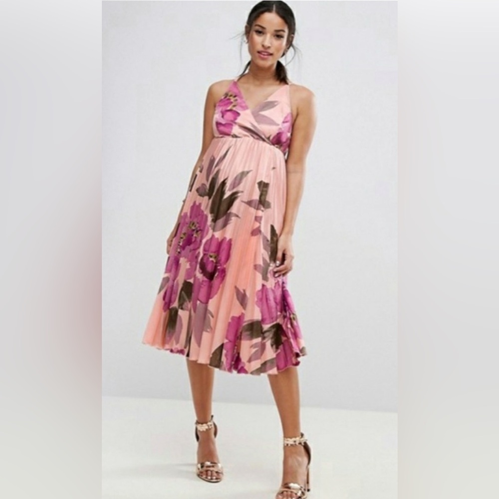 ASOS Pink Maternity Floral Flowy Pleated Wrap Cami Midi Dress Sz 8